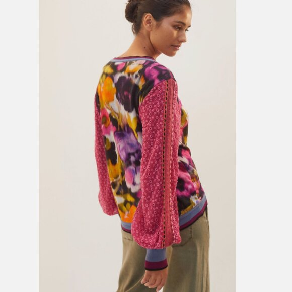 Anthropologie Bl-nk London Pullover Blouse S Pink Contrast Eyelet Puff Sleeve - Picture 2 of 13